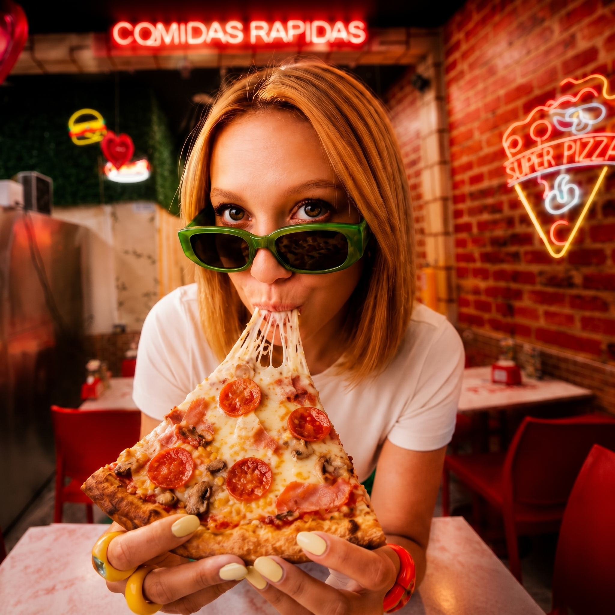 Persona disfrutando pizza con queso derritiéndose