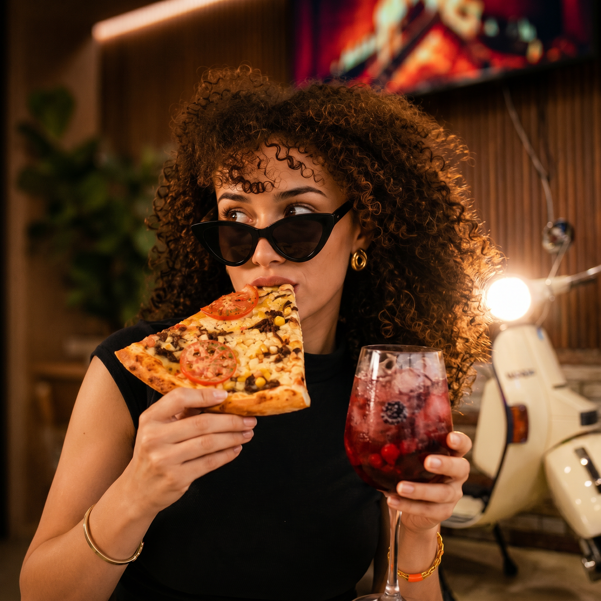 Persona disfrutando pizza y bebida en el local