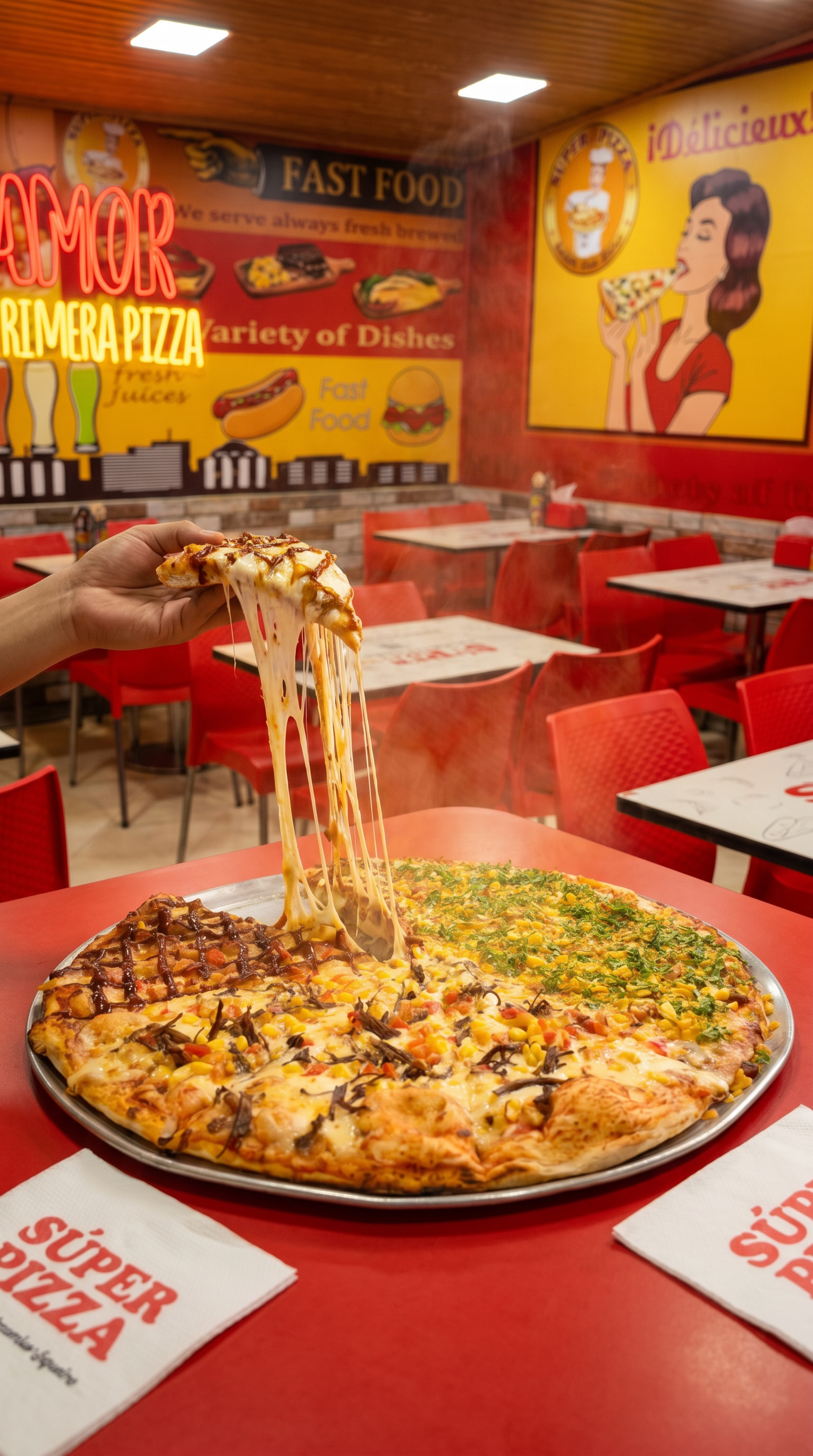 Pizza completa Súper Pizza en el local