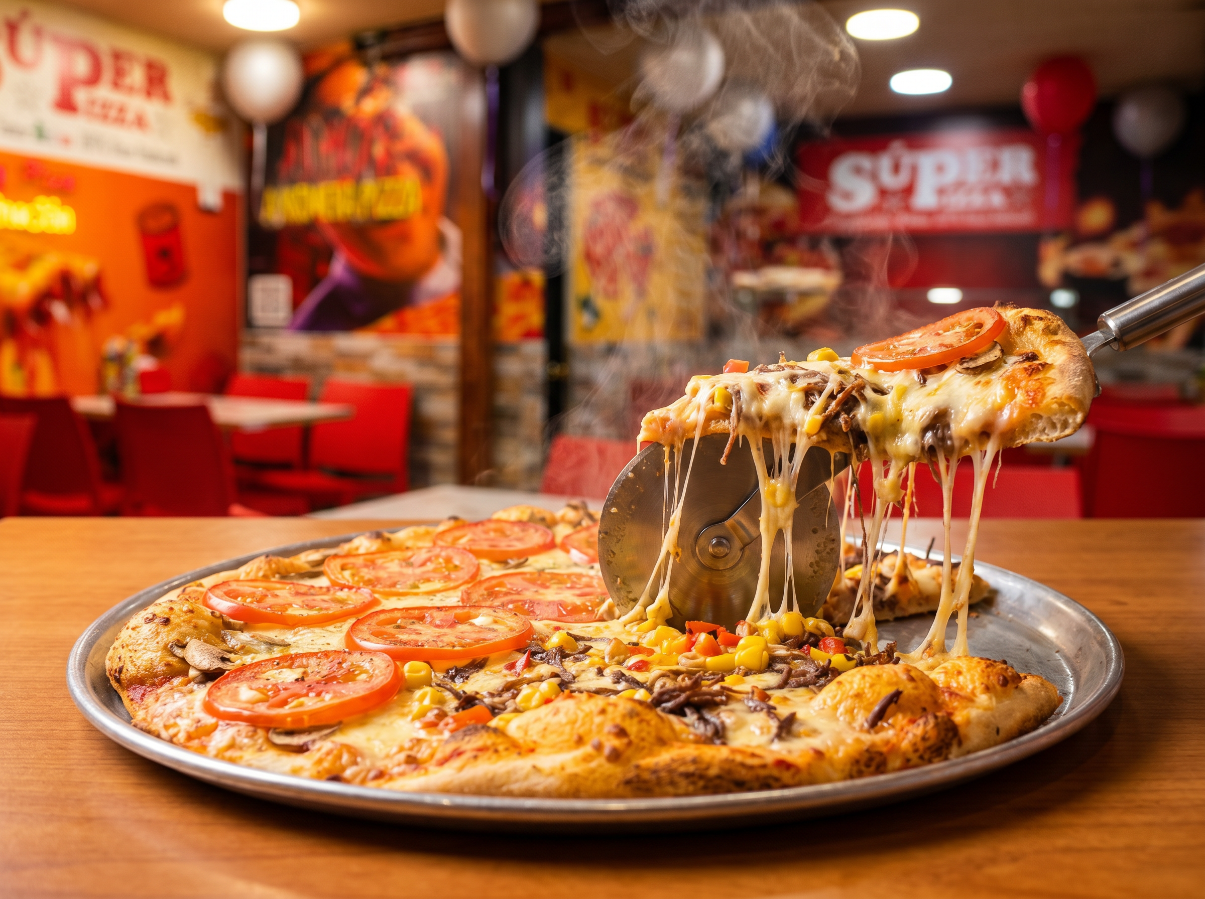 Pizza Súper Pizza con queso derritiéndose